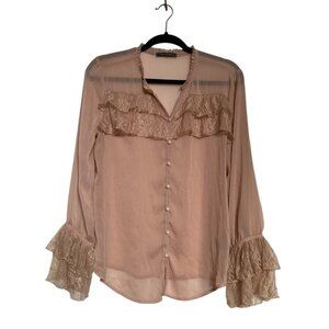 Suzy Shier Elegant Beige/Light Pink Ruffle Blouse